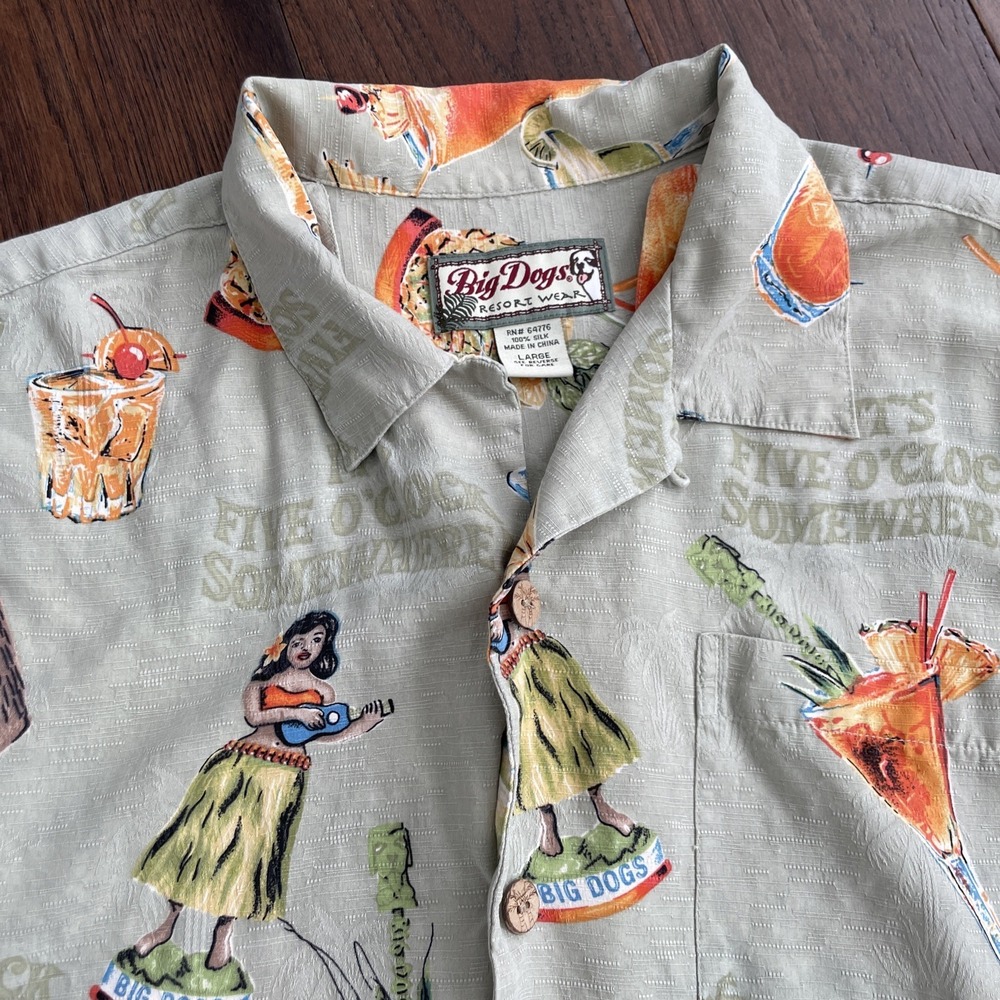 Big Dogs Resort Wear 'Five O' Clock Somewhere' Silk Hawaiian Shirt Men's Sz L